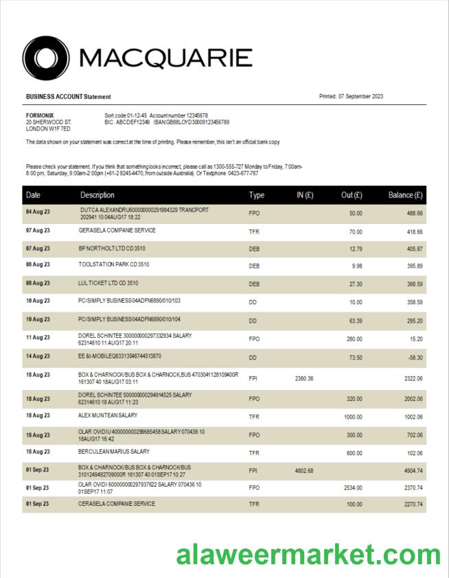 Macquarie Bank enterprise statement Word and PDF template